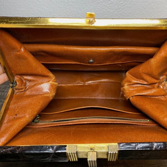 Vintage 1950s Genuine Alligator Crocodile Dark Brown Handbag Rectangular - Picture 7 of 16